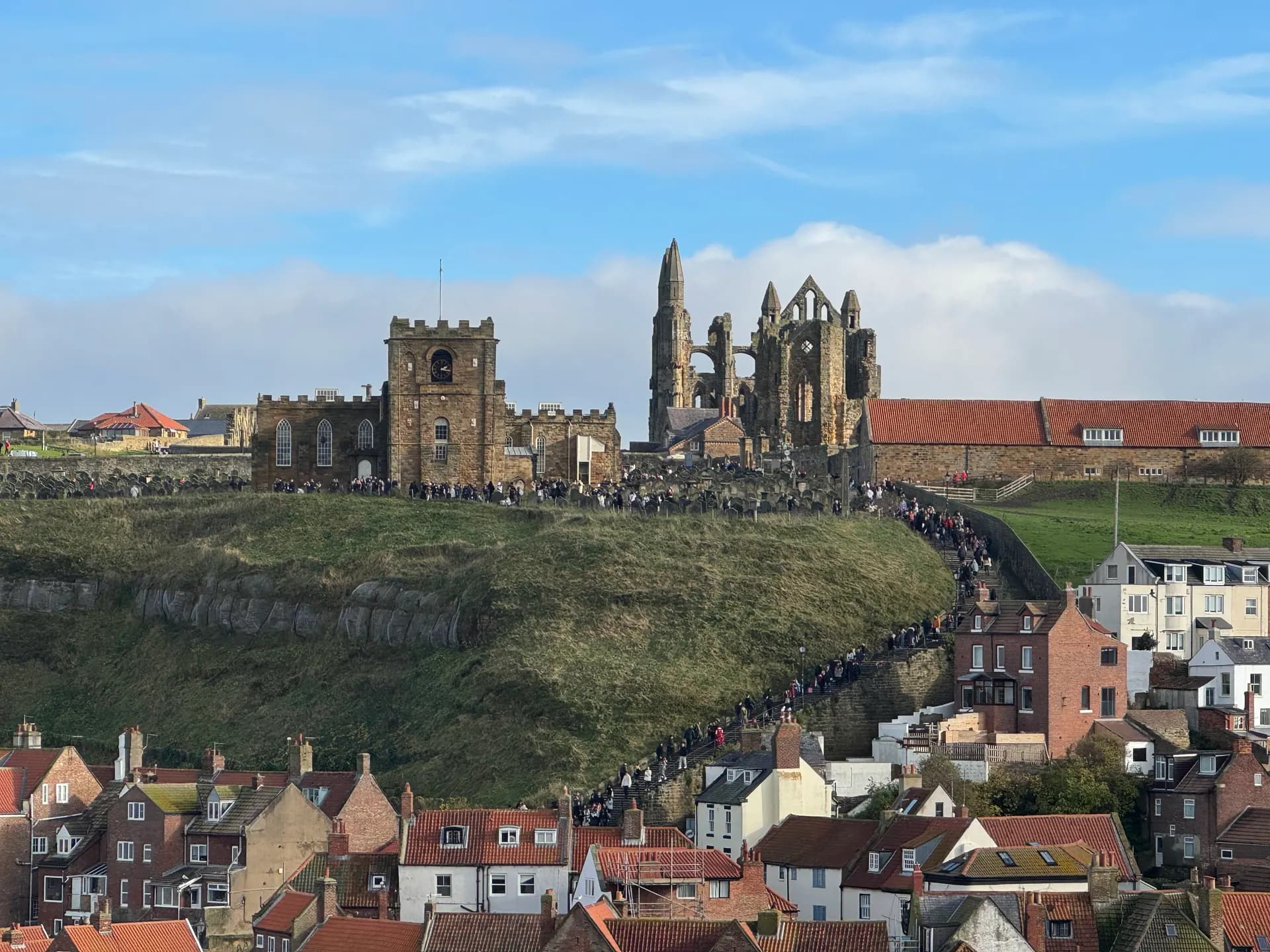 Whitby Abbey and St Mary’s Church above a crowd on the 199 steps