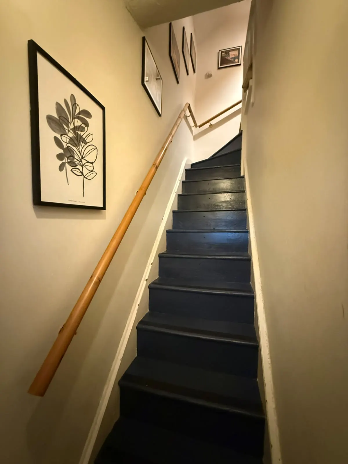 Steep painted cottage staircase with a timber handrail