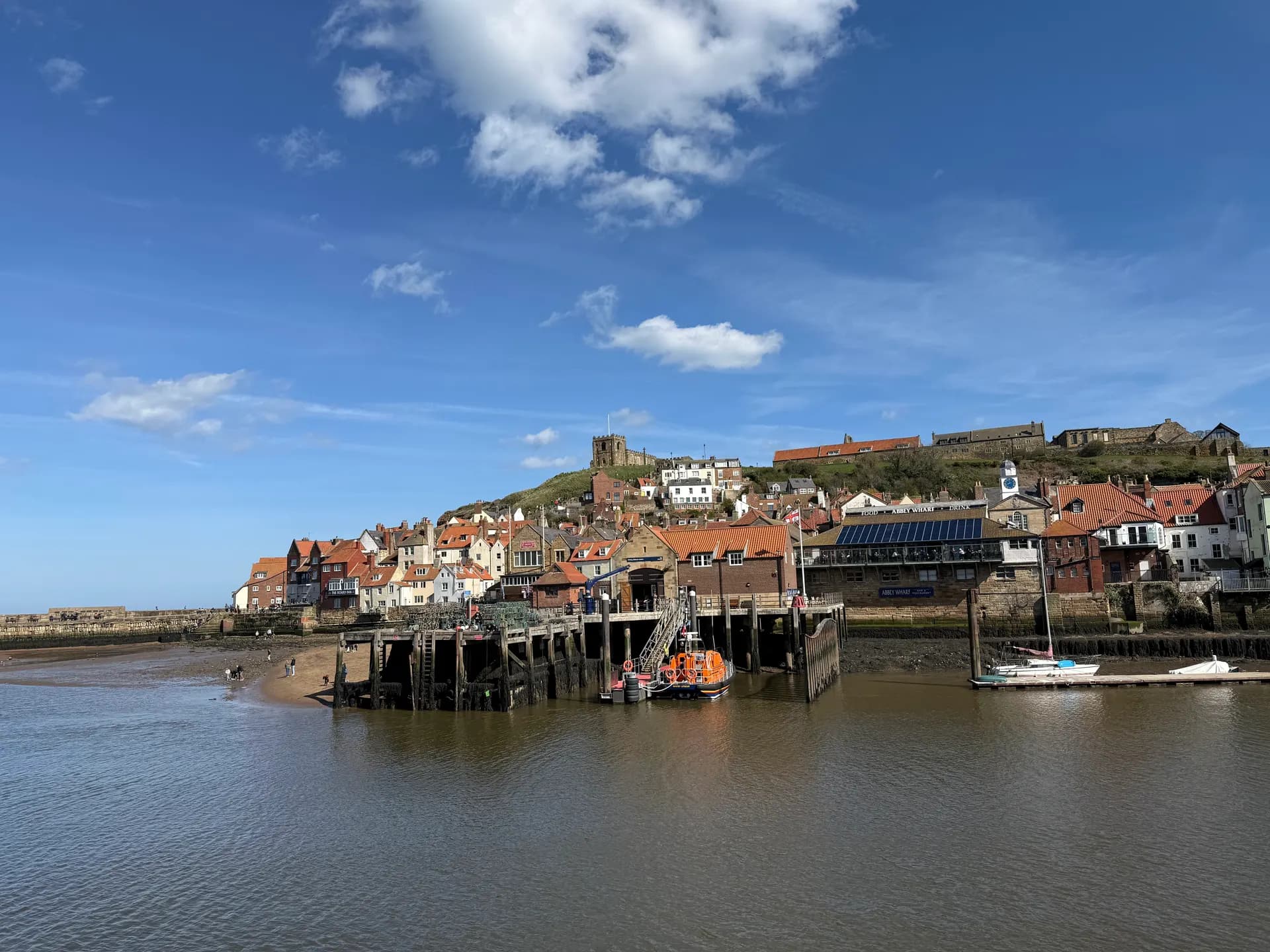 Whitby harbour, lifeboat station and the abbey on the headland